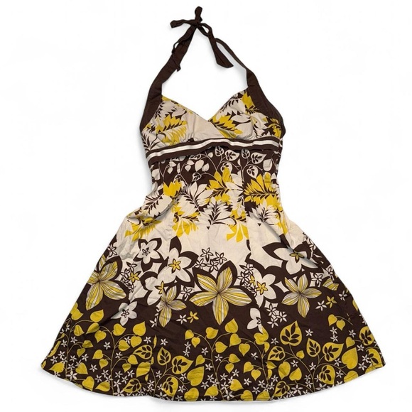 Ruby Rox Dresses & Skirts - Vintage Ruby Rox Floral Halter Dress in Brown and Yellow - Small